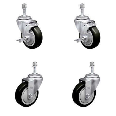 Service Caster 4 Inch Black Polyurethane Wheel Swivel 3/8 Inch Threaded Stem Caster Brake, 2PK SCC-TS20S414-PPUB-BLK-TLB-381615-2S2